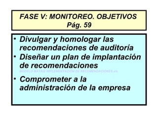 FASE V: MONITOREO. OBJETIVOS
             Pág. 59

• Divulgar y homologar las
  recomendaciones de auditoría
• Diseñar un plan de implantación
  de recomendaciones
 MODELO MATRIZ IMPLEMENTACIÓN DE RECOMENDACIONES.xls

• Comprometer a la
  administración de la empresa
 