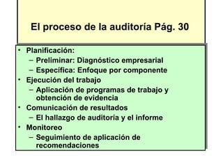 El proceso de la auditoría Pág. 30

• Planificación:
   – Preliminar: Diagnóstico empresarial
   – Específica: Enfoque por componente
• Ejecución del trabajo
   – Aplicación de programas de trabajo y
     obtención de evidencia
• Comunicación de resultados
   – El hallazgo de auditoría y el informe
• Monitoreo
   – Seguimiento de aplicación de
     recomendaciones
 