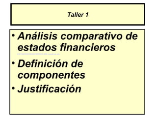 Taller 1


• Análisis comparativo de
  estados financieros
 ESTADOSFINANCIEROS SRI cuadros.xls




• Definición de
  componentes
• Justificación
 