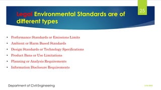 Legal Environmental Standards are of
different types
2/26/2024
Department of Civil Engineering
25
• Performance Standards or Emissions Limits
• Ambient or Harm Based Standards
• Design Standards or Technology Specifications
• Product Bans or Use Limitations
• Planning or Analysis Requirements
• Information Disclosure Requirements
 