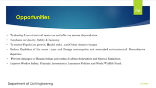 Opportunities
2/26/2024
Department of Civil Engineering
86
• To develop Limited natural resources and effective wastes disposal sites.
• Emphasis on Quality, Safety & Economy.
• To control Population growth, Health risks , and Global climate changes
• Reduce Depletion of the ozone Layer and Energy consumption and associated environmental Groundwater
depletion.
• Prevent damages to Human beings and control Habitat destruction and Species Extinction.
• Improve Worker Safety, Financial investments, Insurance Policies and World Wildlife Fund .
 