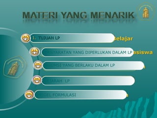 MODEL FORMULASI
SEJARAH LP
ASUMSI YANG BERLAKU DALAM LP
PERSYARATAN YANG DIPERLUKAN DALAM LP
1.1. TUJUAN LPTUJUAN LP
 