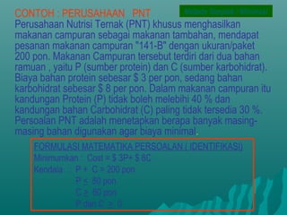 CONTOH : PERUSAHAAN PNT
Perusahaan Nutrisi Ternak (PNT) khusus menghasilkan
makanan campuran sebagai makanan tambahan, mendapat
pesanan makanan campuran "141-B" dengan ukuran/paket
200 pon. Makanan Campuran tersebut terdiri dari dua bahan
ramuan , yaitu P (sumber protein) dan C (sumber karbohidrat).
Biaya bahan protein sebesar $ 3 per pon, sedang bahan
karbohidrat sebesar $ 8 per pon. Dalam makanan campuran itu
kandungan Protein (P) tidak boleh melebihi 40 % dan
kandungan bahan Carbohidrat (C) paling tidak tersedia 30 %.
Persoalan PNT adalah menetapkan berapa banyak masing-
masing bahan digunakan agar biaya minimal.
FORMULASI MATEMATIKA PERSOALAN ( IDENTIFIKASI)
Minimumkan : Cost = $ 3P+ $ 8C
Kendala : P + C = 200 pon
P < 80 pon
C > 60 pon
P dan C > 0
Metode Simplek / Minimasi
 