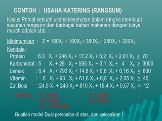 CONTOH : USAHA KATERING (RANGSUM)
Kasus Primal sebuah usaha kesehatan dalam rangka membuat
susunan rangsum dari berbagai bahan makanan dengan biaya
murah adalah sbb. :
Minimumkan : Z = 150X1 + 100X2 +350X3 + 250X4 + 320X5
Kendala :
Protein : 8,3 X1 + 246 X2 + 17,2 X3 + 5,2 X4 + 2,01 X5 > 70
Karbohidrat : 5 X1 + 26 X2 + 595 X3 + 3,1 X4 + 4 X5 > 3000
Lemak : 0,4 X1 + 793 X2 + 14,8 X3 + 0,6 X4 + 0,16 X5 > 800
Vitamin : 6 X1 + 93 X2 + 61,6 X3 + 6,8 X4 + 2,05 X5 > 40
Zat Besi : 24,9 X1 + 243 X2 + 810 X3 + 16,4 X4 + 0,57 X5 > 12
Dimana : X1 = Nasi X4 = Buah
X2 = Sayur X5 = Susu
X3 = Lauk pauk
Buatlah model Dual persoalan di atas, dan selesaikan !
 