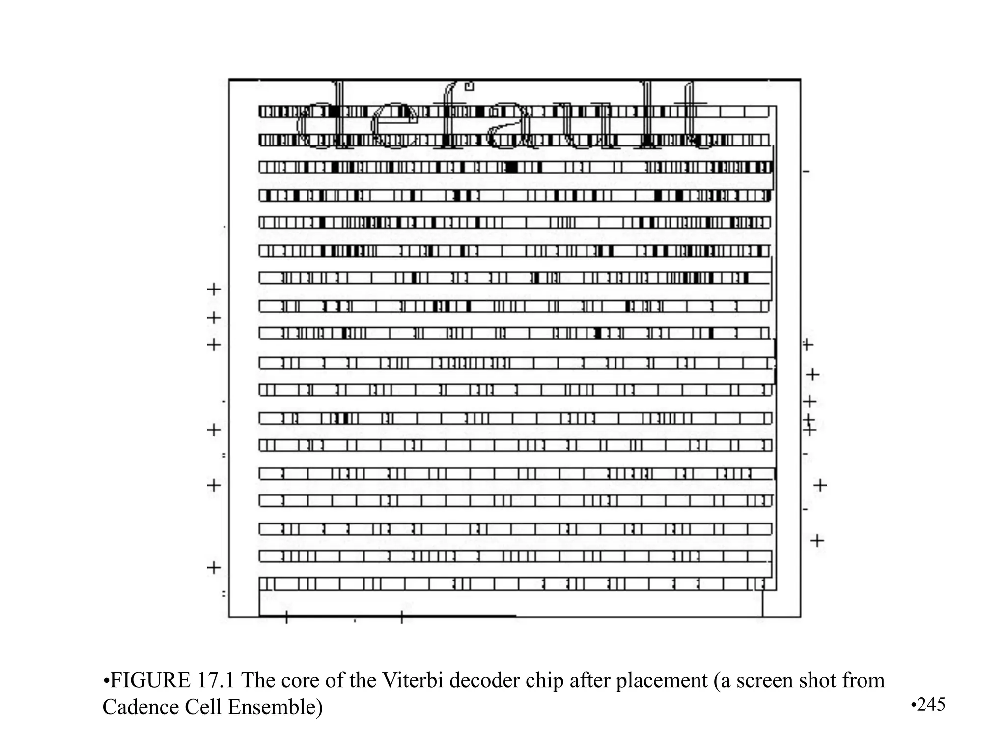 •FIGURE 17.1 The core of the Viterbi decoder chip after placement (a screen shot from
Cadence Cell Ensemble) •245
 