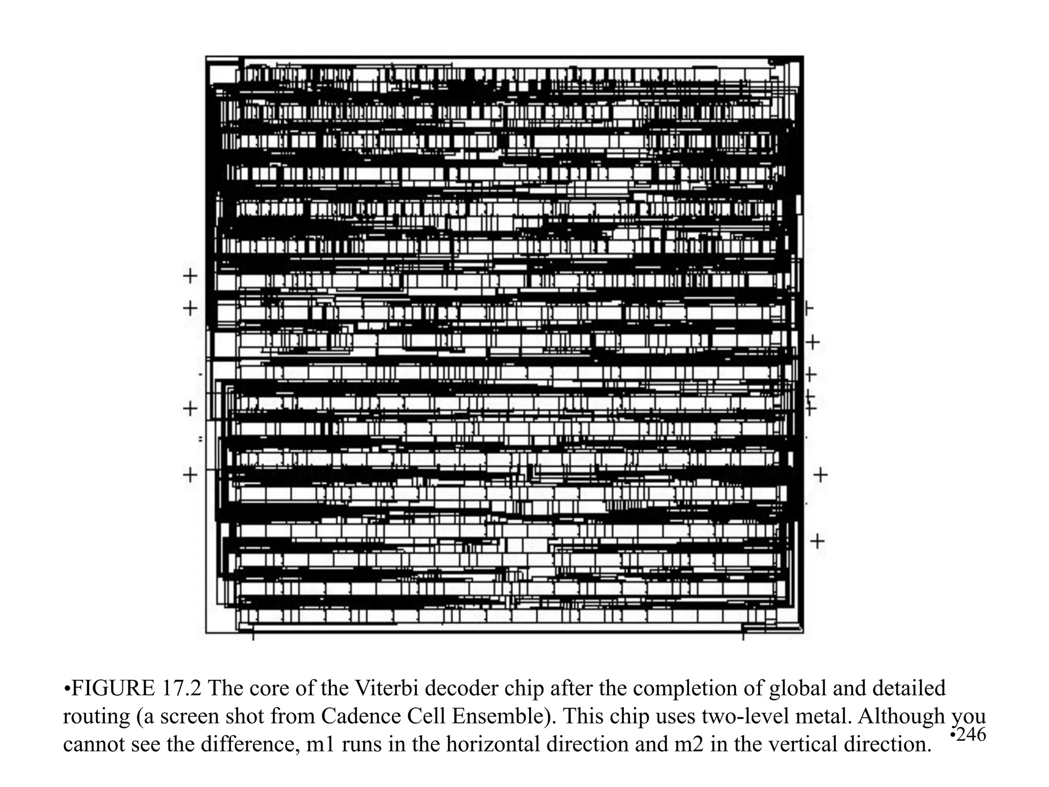 •FIGURE 17.2 The core of the Viterbi decoder chip after the completion of global and detailed
routing (a screen shot from Cadence Cell Ensemble). This chip uses two-level metal. Although you
cannot see the difference, m1 runs in the horizontal direction and m2 in the vertical direction. •246
 