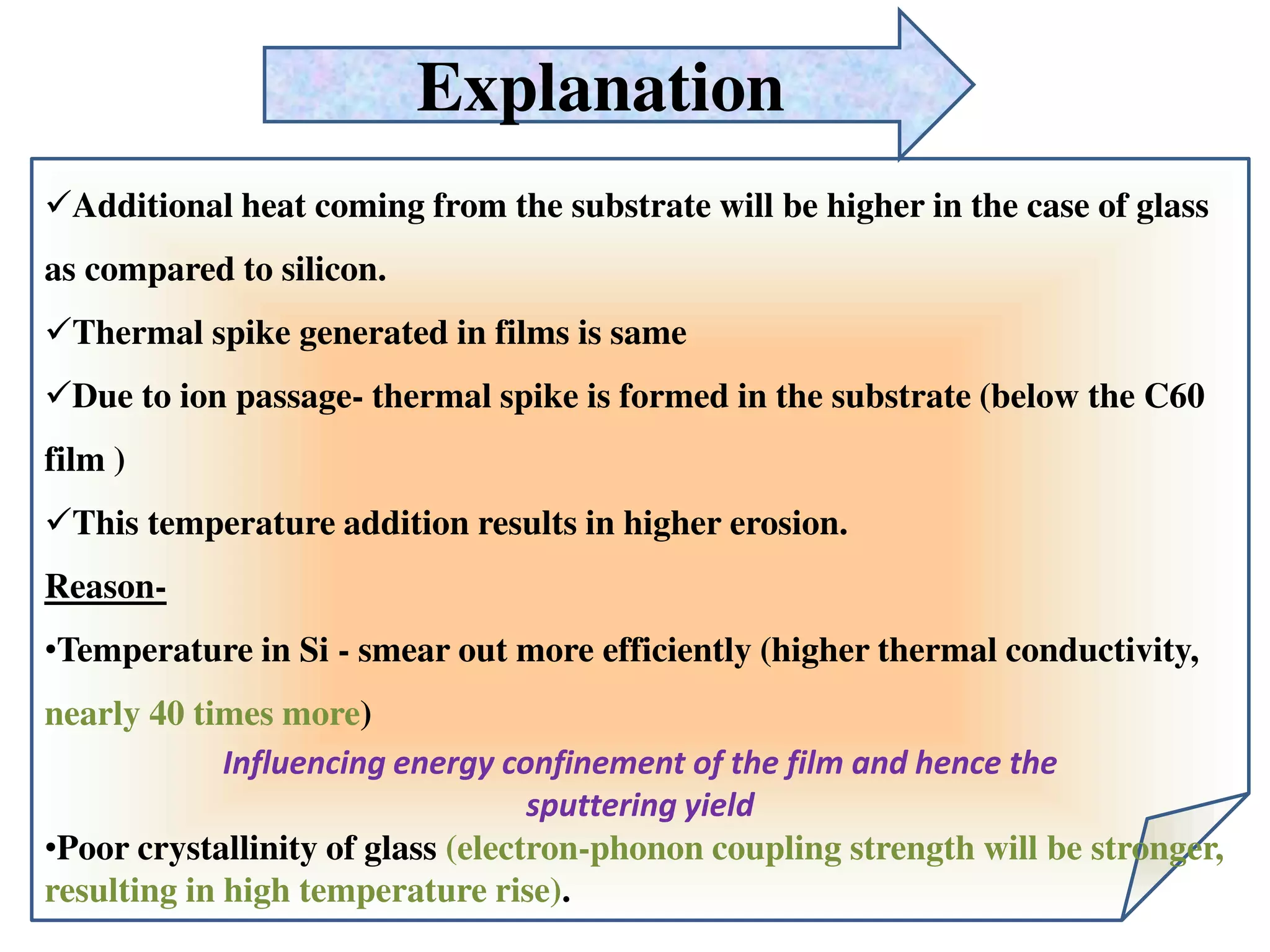 Additional heat coming from the substrate will be higher in the case of glass
as compared to silicon.
Thermal spike generated in films is same
Due to ion passage- thermal spike is formed in the substrate (below the C60
film )
This temperature addition results in higher erosion.
Reason-
•Temperature in Si - smear out more efficiently (higher thermal conductivity,
nearly 40 times more)
Influencing energy confinement of the film and hence the
sputtering yield
•Poor crystallinity of glass (electron-phonon coupling strength will be stronger,
resulting in high temperature rise).
Explanation
 