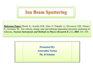 Reference Paper: Ghosh, S.; Avasthi, D.K.; Som, T.; Tripathi, A.; Srivastava, S.K.; Gruner,
F.; Assmann, W.; Ion velocity, charge state and substrate dependent electronic sputtering of
fullerene, Nuclear Instruments and Methods in Physics Research B ,212, 2003, 431–435.
 