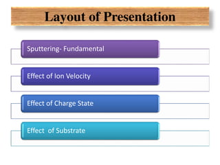 Layout of Presentation
Sputtering- Fundamental
Effect of Ion Velocity
Effect of Charge State
Effect of Substrate
 