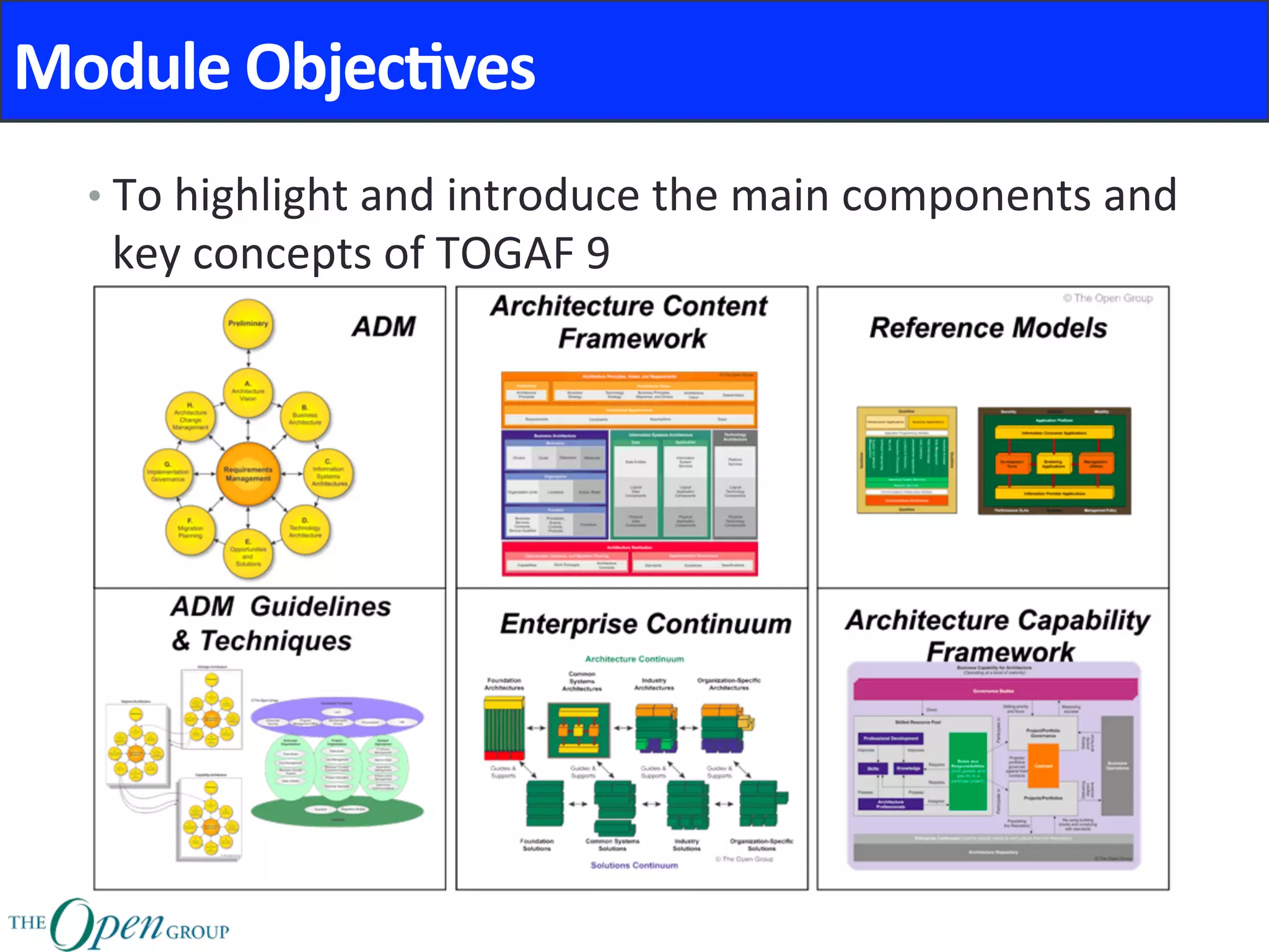 Module	Objec8ves	
• To	highlight	and	introduce	the	main	components	and	
key	concepts	of	TOGAF	9	
	
 