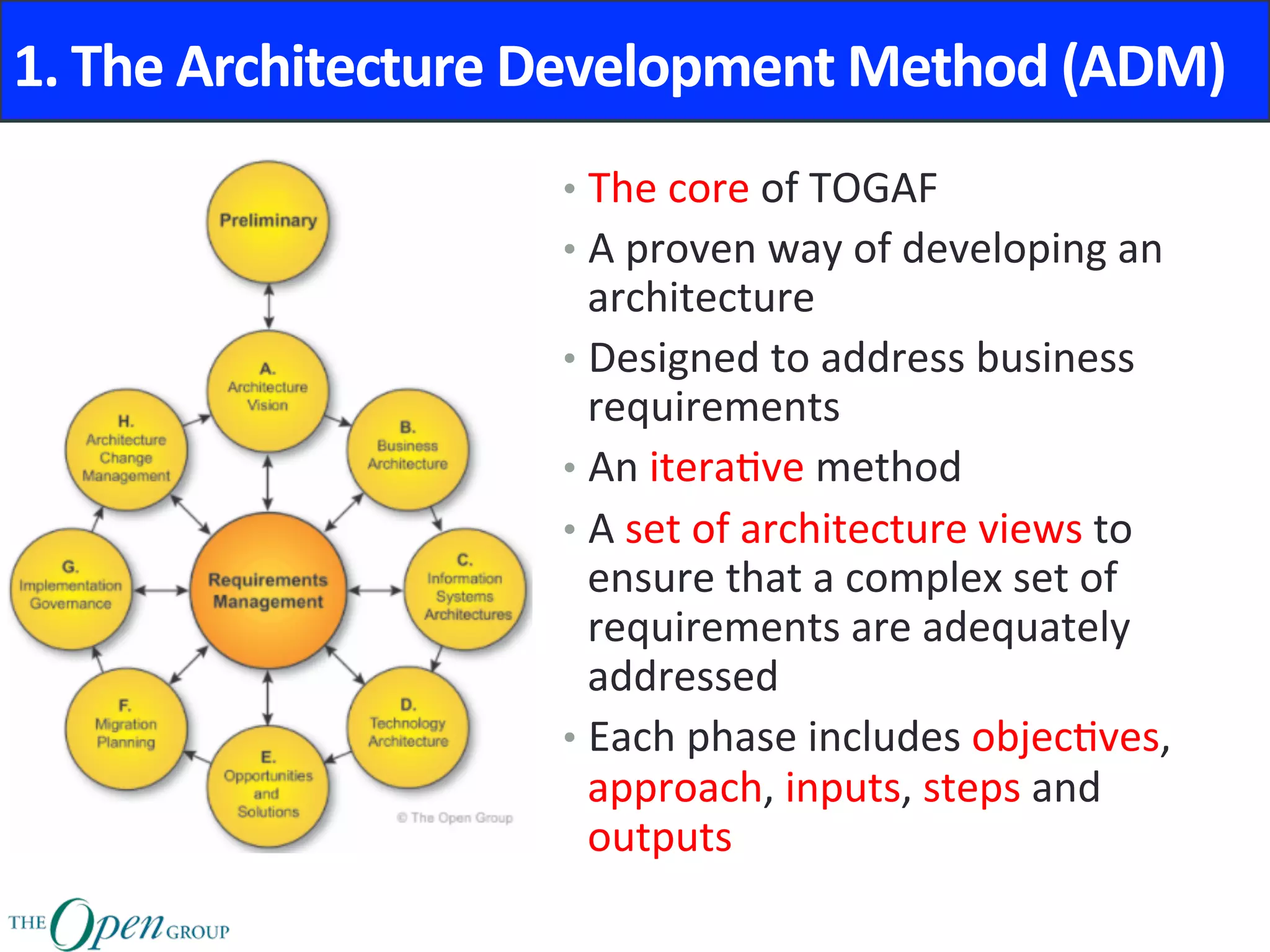 1.	The	Architecture	Development	Method	(ADM)	
•  The	core	of	TOGAF	
•  A	proven	way	of	developing	an	
architecture	
•  Designed	to	address	business	
requirements	
•  An	itera@ve	method	
•  A	set	of	architecture	views	to	
ensure	that	a	complex	set	of	
requirements	are	adequately	
addressed	
•  Each	phase	includes	objec@ves,	
approach,	inputs,	steps	and	
outputs	
 