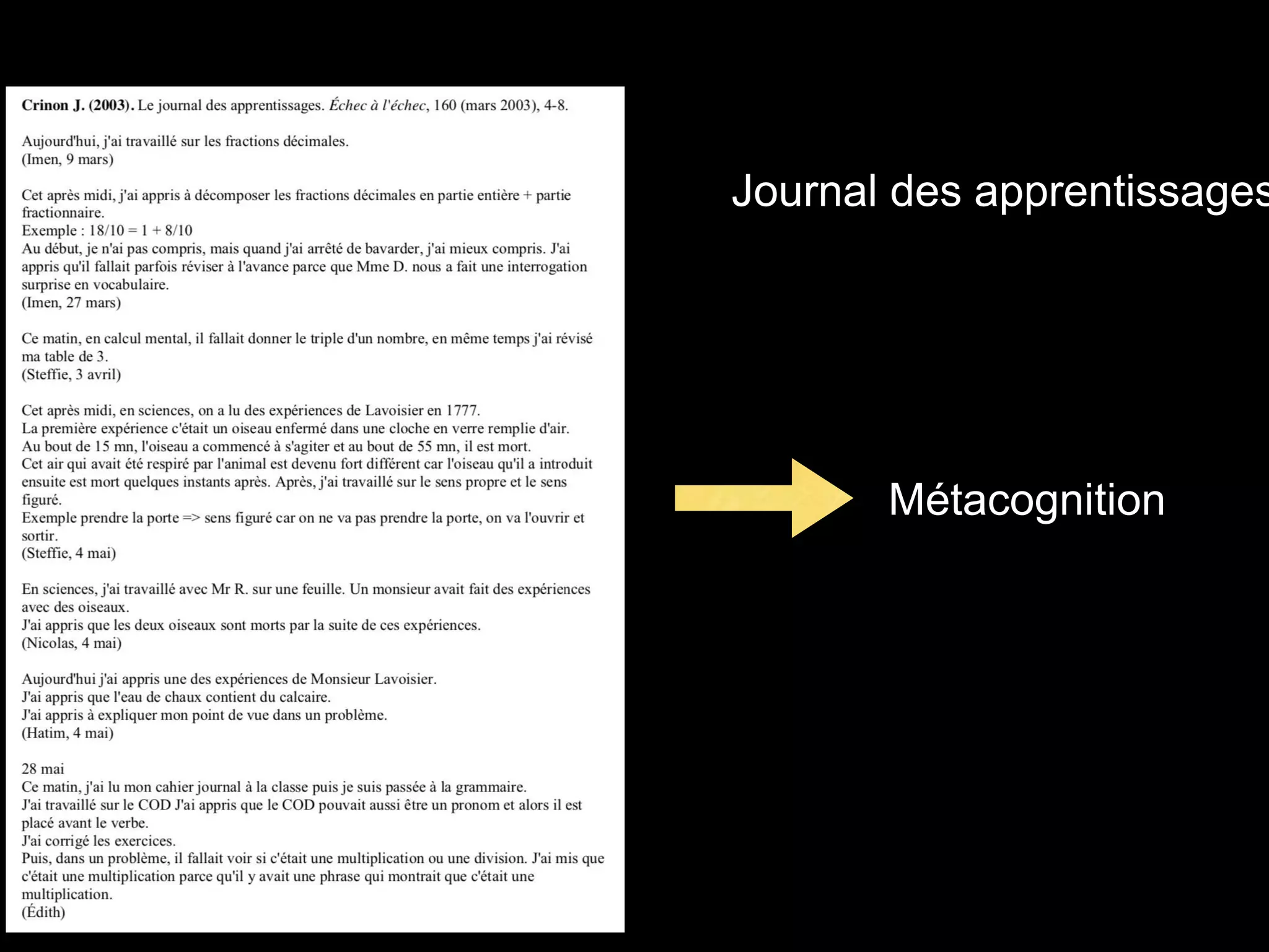 Journal des apprentissages
Métacognition
 