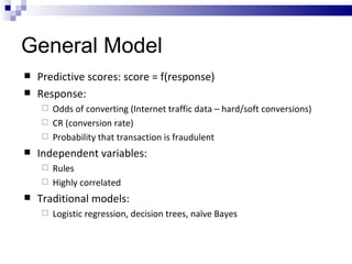 General Model <ul><li>Predictive scores: score = f(response) </li></ul><ul><li>Response:  </li></ul><ul><ul><li>Odds of co...