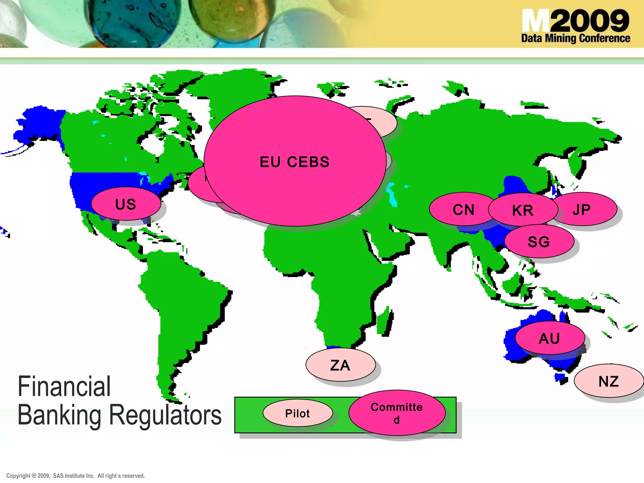 Copyright ® 2009, SAS Institute Inc. All right s reserved.
USUS
UKUK
JPJPESES
SESE
CNCN
ZAZA
AUAU
DEDEDKDK
Financial
Banking Regulators Pilot
Pilot Committe
d
Committe
d
KRKR
SGSG
FRFR
NZNZ
NLNL
LuXLuX
Portuga
l
Portuga
l
BEBE
EU CEBSEU CEBS
 