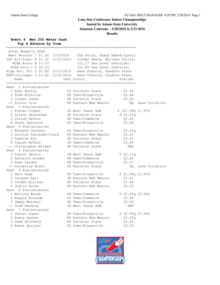 Adams State College Hy-Tek's MEET MANAGER 8:28 PM 2/20/2016 Page 1
Lone Star Conference Indoor Championships
hosted by Adams State University
Alamosa, Colorado - 2/20/2016 to 2/21/2016
Results
Event 4 Men 200 Meter Dash
Top 8 Advance by Time
================================================================
After Women's 200m
Meet Record: ! 21.00 3/2/2014 Tim Price, Texas A&M-Kingsvil
LSC All-Time: @ 21.32 2/23/2013 Jordan Geary, Abilene Christi
NCAA Auto: A 21.53 (21.27 Sea Level Oversize)
NCAA Prov.: P 22.13 (21.85 Sea Level Oversize)
High Alt. TC: $ 21.82 2/15/2014 Dean Francis, Chadron State
HATC-College: % 21.82 2/15/2014 Dean Francis, Chadron State
Name Year School Prelims
================================================================
Heat 1 Preliminaries
1 Ryan Huntly SO Tarleton State 22.46
2 Todd Nicholas FR Tamu-Kingsville 22.98
3 Jordan Jones SR Tarleton State 23.26
-- Victor Cruz FR Eastern New Mexico DQ Lane Violation
Heat 2 Preliminaries
1 Steven Cooper JR West Texas A&M P J21.98q 21.978
2 Gilson Umunnakwe JR Tarleton State P 22.01q
3 Josiah Dennis SO Tamu-Commerce 22.56
4 Jalen LeCounte SO Tamu-Kingsville 22.64
Heat 3 Preliminaries
1 Kenneth Jackson SO Tamu-Kingsville 22.21q
2 Jullian Coronado-Clark FR Eastern New Mexico 22.47
3 Cameron Krc SR Tarleton State 22.67
4 Isaiah McFail JR Tamu-Commerce 22.88
-- Christopher Wilkes SR Tarleton State DNS
Heat 4 Preliminaries
1 Trevor Dennis JR West Texas A&M P 22.11q
2 Lanorris Graden FR Tamu-Commerce 22.42
3 Sean Landez FR Tamu-Kingsville 22.57
-- Cornelius Blair JR Tarleton State DQ Lane Violation
Heat 5 Preliminaries
1 Deon Hope SO Tamu-Kingsville P 21.98q 21.976
2 Jacques Hall JR Eastern New Mexico 22.61
3 Jordan Ellison FR Tarleton State 22.86
4 Justin Rocha FR Eastern New Mexico 23.15
Heat 6 Preliminaries
1 Malcolm Woods FR Tamu-Commerce P 22.05q 22.044
2 Reggie Kincade SO Tamu-Commerce 22.46
3 Jamey Malvern SR Tamu-Kingsville 22.92
-- Todd Handley JR West Texas A&M DNF
Heat 7 Preliminaries
1 Javier Lopez JR Tamu-Kingsville P 22.05q 22.044
2 Avery Rasher FR Eastern New Mexico 22.33q
3 Cade Hitzfeld SO Tarleton State 23.05
4 Ramon Quijano SO Tamu-Kingsville 23.15
 