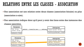  Une association est une relation entre deux classes (association binaire) ou plus
(association n-aire).
 Une association indique donc qu'il peut y avoir des liens entre des instances des
classes associées.
 