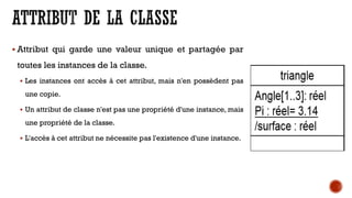  Attribut qui garde une valeur unique et partagée par
toutes les instances de la classe.
 Les instances ont accès à cet attribut, mais n'en possèdent pas
une copie.
 Un attribut de classe n'est pas une propriété d'une instance, mais
une propriété de la classe.
 L'accès à cet attribut ne nécessite pas l'existence d'une instance.
 