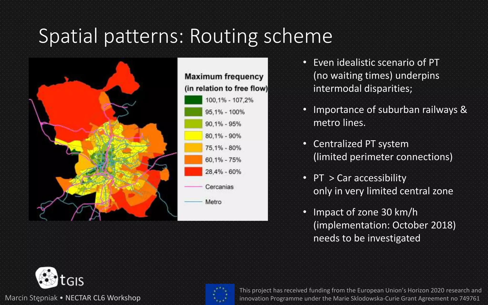 Spatial patterns: Routing scheme
Marcin Stępniak • NECTAR CL6 Workshop
This project has received funding from the European Union’s Horizon 2020 research and
innovation Programme under the Marie Sklodowska-Curie Grant Agreement no 749761
• Even idealistic scenario of PT
(no waiting times) underpins
intermodal disparities;
• Importance of suburban railways &
metro lines.
• Centralized PT system
(limited perimeter connections)
• PT > Car accessibility
only in very limited central zone
• Impact of zone 30 km/h
(implementation: October 2018)
needs to be investigated
 