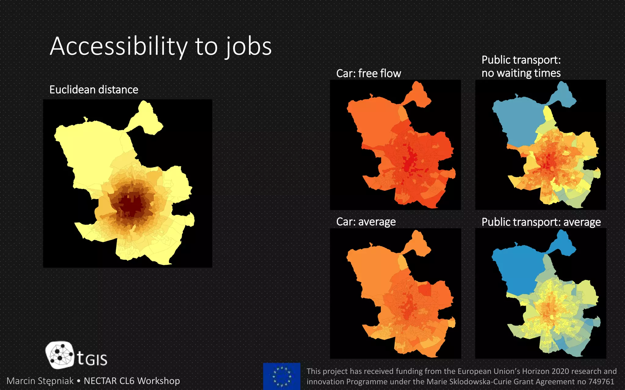 Accessibility to jobs
Marcin Stępniak • NECTAR CL6 Workshop
This project has received funding from the European Union’s Horizon 2020 research and
innovation Programme under the Marie Sklodowska-Curie Grant Agreement no 749761
Euclidean distance
Car: free flow
Car: average
Public transport:
no waiting times
Public transport: average
 