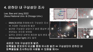 4. 은하단 내 구상성단 조사
- SMACS 0723 전체에서의 구상성단 조사
⇒ 거대한 구상성단계 발견
- 발견된 구상성단 상당수가 밝은 중심부 은하와
연관있는 것으로 보여짐
- 일부는 은하단 내부의 희미한 빛의 분포 영역
(Intra-cluster light) 과도 일치
Lee, Bae and Jang 2022
(Seoul National Univ. & Chicago Univ.)
새로운 거대 구상성단계 발견.
암흑물질 분포와의 비교를 통해 유사점 발견 ⇒ 구상성단이 은하단 내
암흑물질을 조사하는데 사용될 수 있음을 제시v
 