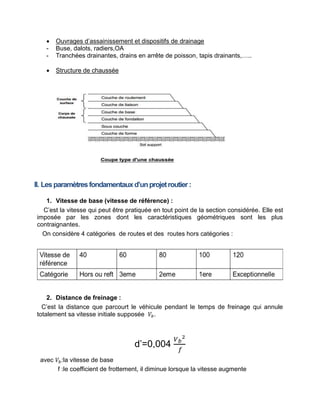  Ouvrages d’assainissement et dispositifs de drainage
- Buse, dalots, radiers,OA
- Tranchées drainantes, drains en arrête de poisson, tapis drainants,…..
 Structure de chaussée
II. Lesparamètresfondamentauxd’unprojetroutier:
1. Vitesse de base (vitesse de référence) :
C’est la vitesse qui peut être pratiquée en tout point de la section considérée. Elle est
imposée par les zones dont les caractéristiques géométriques sont les plus
contraignantes.
On considère 4 catégories de routes et des routes hors catégories :
2. Distance de freinage :
C’est la distance que parcourt le véhicule pendant le temps de freinage qui annule
totalement sa vitesse initiale supposée 𝑉 .
d’=0,004
𝑉
𝑓
avec 𝑉 :la vitesse de base
f :le coefficient de frottement, il diminue lorsque la vitesse augmente
 