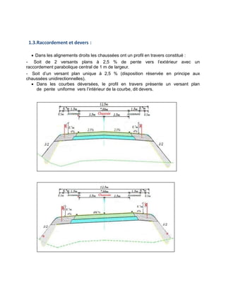 1.3.Raccordement et devers :
 Dans les alignements droits les chaussées ont un profil en travers constitué :
- Soit de 2 versants plans à 2,5 % de pente vers l’extérieur avec un
raccordement parabolique central de 1 m de largeur.
- Soit d’un versant plan unique à 2,5 % (disposition réservée en principe aux
chaussées unidirectionnelles).
 Dans les courbes déversées, le profil en travers présente un versant plan
de pente uniforme vers l’intérieur de la courbe, dit devers.
 