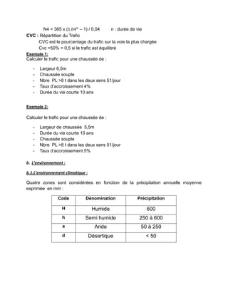 N4 = 365 x (1,04 – 1) / 0,04 n : durée de vie
CVC : Répartition du Trafic
CVC est le pourcentage du trafic sur la voie la plus chargée
Cvc =50% = 0,5 si le trafic est équilibré
Exemple 1:
Calculer le trafic pour une chaussée de :
- Largeur 6,5m
- Chaussée souple
- Nbre PL >8 t dans les deux sens 51/jour
- Taux d’accroissement 4%
- Durée du vie courte 10 ans
Exemple 2:
Calculer le trafic pour une chaussée de :
- Largeur de chaussée 5,5m
- Durée du vie courte 10 ans
- Chaussée souple
- Nbre PL >8 t dans les deux sens 51/jour
- Taux d’accroissement 5%
b. L’environnement :
b.1.L’environnement climatique :
Quatre zones sont considérées en fonction de la précipitation annuelle moyenne
exprimée en mm :
Code Dénomination Précipitation
H Humide 600
h Semi humide 250 à 600
a Aride 50 à 250
d Désertique < 50
 