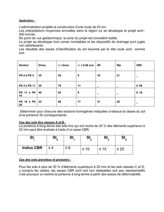 Application :
L’administration projette la construction d’une route de 20 km.
Les précipitations moyennes annuelles dans la région où se développe le projet sont :
450 mm/an.
De point de vue géotechnique, la zone du projet est considéré stable.
Le projet se développe hors zones inondables et les dispositifs de drainage sont jugés
non satisfaisants.
Les résultats des essais d’identification du sol traversé par la dite route sont comme
suit :
Section Dmax % <2mm % < 0.08 mm Wl Wp VBS
PK 0 à PK 5 35 45 6 35 21 _
PK 5 à PK 11 20 79 11 _ _ 0 .08
PK 11 à PK
16
40 63 8 _ _ 0 .18
PK 16 à PK
20
25 88 77 31 20 _
Déterminer pour chacune des sections homogènes indiquées ci-dessus la classe du sol
et la portance Sti correspondante.
Cas des sols fins classes A et B :
La portance à long terme des sols fins qui ont moins de 30 % des éléments supérieurs à
20 mm peut être évaluée à l’aide d’un essai CBR.
Sti
St0
St1
St2
St3
St4
Indice CBR ≤ 4 ≥ 6 ≥ 10 ≥ 15 ≥ 25
Cas des sols graveleux et grossiers :
Pour les sols à plus de 30 % d’éléments supérieurs à 20 mm et les sols classés C et D,
y compris les sables, les essais CBR sont soit non réalisables soit peu représentatifs
c’est pourquoi on estime la portance à long terme à partir des essais de déformabilité.
 