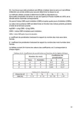 14
Or, il se trouve que cette procédure est difficile à réaliser dans le sens où il est difficile
d'attendre une année entière pour pouvoir déterminer la classe du sol.
La méthode utilisée consiste à déterminer le CBR au laboratoire sur
éprouvette compactée à la teneur en eau de l'optimum Proctor modifié et à 95% de la
densité sèche maximale correspondante.
On prend l'indice CBR avant imbibition (CBRi) et après quatre jours d’imbibition (CBRs).
La valeur de la portance CBR est déterminée en fonction des indices portants pondérés
à l'aide de la formule suivante
logCBR = α.log CBRi + β.log CBRs.
CBRi = indice CBR immédiat avant imbibition.
CBRs = indice CBR après 4 jours de saturation.
α: coefficient de pondération traduisant le rapport du nombre des mois secs dans
l'année.
β : coefficient de pondération traduisant le rapport du nombre des mois humides dans
l'année.
Le tableau suivant XI-4 donne les valeurs des coefficients a et 3 correspondant à
chaque région :
 