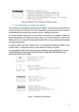 5
Figure 6: Structure d'une chaussée à structure inverse
7. Les chaussées en béton de ciment
Ces structures sont qualifiées couramment de "rigides". Ces structures comportent une
couche de béton de ciment de 15 à 40 cm d'épaisseur qui sert de couche de roulement
éventuellement recouverte d'une couche mince en matériaux bitumineux.
La couche de béton repose soit sur une couche de fondation (en matériaux traités aux
liants hydrauliques ou en béton de ciment), soit sur une couche drainante en grave non
traitée, soit sur une couche d'enrobé reposant elle-même sur une couche de forme traitée
aux liants hydrauliques.
La dalle de béton peut être continue avec un renforcement longitudinal ("Béton Armé
Continu" BAC), ou discontinue avec ou sans élément de liaison aux joints.
Les chaussées en béton de ciment sont assez coûteuses et peu appliquées en Tunisie.
Le dimensionnement de ce type de structure tient compte des fortes contraintes de
traction par flexion dans la dalle.
Figure 7: Catalogue des matériaux
 