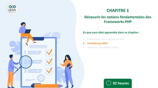 Ce que vous allez apprendre dans ce chapitre :
1. Présentation des Frameworks PHP
2. L’architecture MVC
3. Intérêt du Framework Laravel
02 heures
CHAPITRE 1
Découvrir les notions fondamentales des
Frameworks PHP
 