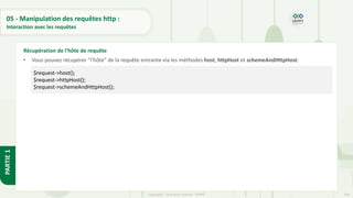 154
Copyright - Tout droit réservé - OFPPT
PARTIE
1
05 - Manipulation des requêtes http :
Interaction avec les requêtes
• Vous pouvez récupérer "l'hôte" de la requête entrante via les méthodes host, httpHost et schemeAndHttpHost:
Récupération de l'hôte de requête
$request->host();
$request->httpHost();
$request->schemeAndHttpHost();
 