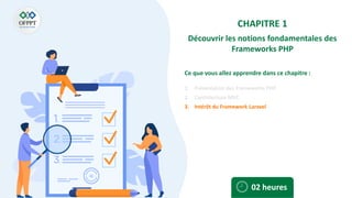 Ce que vous allez apprendre dans ce chapitre :
1. Présentation des Frameworks PHP
2. L’architecture MVC
3. Intérêt du Framework Laravel
02 heures
CHAPITRE 1
Découvrir les notions fondamentales des
Frameworks PHP
 