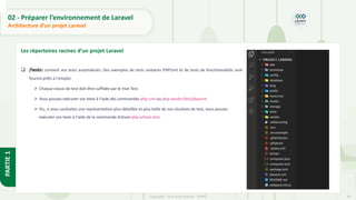 34
Copyright - Tout droit réservé - OFPPT
PARTIE
1
02 - Préparer l’environnement de Laravel
Architecture d’un projet Laravel
Les répertoires racines d’un projet Laravel
❑ /tests: contient vos tests automatisés. Des exemples de tests unitaires PHPUnit et de tests de fonctionnalités sont
fournis prêts à l'emploi.
➢ Chaque classe de test doit être suffixée par le mot Test.
➢ Vous pouvez exécuter vos tests à l'aide des commandes php unit ou php vendor/bin/phpunit.
➢ Ou, si vous souhaitez une représentation plus détaillée et plus belle de vos résultats de test, vous pouvez
exécuter vos tests à l'aide de la commande Artisan php artisan test.
 