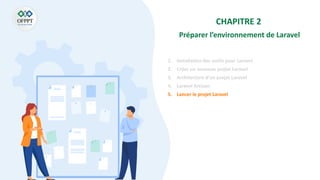 CHAPITRE 2
Préparer l’environnement de Laravel
1. Installation des outils pour Laravel
2. Créer un nouveau projet Laravel
3. Architecture d’un projet Laravel
4. Laravel Artisan
5. Lancer le projet Laravel
 