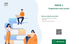 Dans ce module, vous allez :
PARTIE 1
Programmer avec Laravel
• Connaître les fondements du modèle
MVC Laravel
• Maîtriser le Framework Laravel
30 heures
 