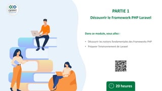 Dans ce module, vous allez :
PARTIE 1
Découvrir le Framework PHP Laravel
• Découvrir les notions fondamentales des Frameworks PHP
• Préparer l’environnement de Laravel
20 heures
 