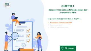 Ce que vous allez apprendre dans ce chapitre :
1. Présentation des Frameworks PHP
2. L’architecture MVC
3. Intérêt du Framework Laravel
02 heures
CHAPITRE 1
Découvrir les notions fondamentales des
Frameworks PHP
 