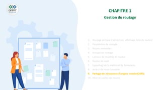 CHAPITRE 1
Gestion du routage
1. Routage de base (redirection, affichage, liste de routes)
2. Paramètres de routage
3. Routes nommées
4. Groupe de routage
5. Liaisons de modèles de routes
6. Routes de repli
7. (spoofing) de la méthode du formulaire
8. Accès à la route courante
9. Partage des ressources d'origine croisée(CORS)
10. Mise en cache des routes
 