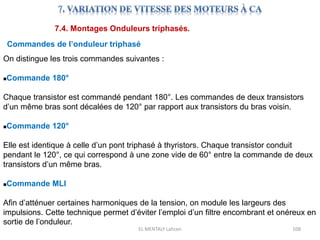 EL MENTALY Lahcen 108
7.4. Montages Onduleurs triphasés.
Commandes de l’onduleur triphasé
On distingue les trois commandes suivantes :
Commande 180°
Chaque transistor est commandé pendant 180°. Les commandes de deux transistors
d’un même bras sont décalées de 120° par rapport aux transistors du bras voisin.
Commande 120°
Elle est identique à celle d’un pont triphasé à thyristors. Chaque transistor conduit
pendant le 120°, ce qui correspond à une zone vide de 60° entre la commande de deux
transistors d’un même bras.
Commande MLI
Afin d’atténuer certaines harmoniques de la tension, on module les largeurs des
impulsions. Cette technique permet d’éviter l’emploi d’un filtre encombrant et onéreux en
sortie de l’onduleur.
 