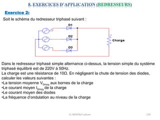 EL MENTALY Lahcen 124
Soit le schéma du redresseur triphasé suivant :
Dans le redresseur triphasé simple alternance ci-dessus, la tension simple du système
triphasé équilibré est de 220V à 50Hz.
La charge est une résistance de 10Ω. En négligeant la chute de tension des diodes,
calculer les valeurs suivantes :
•La tension moyenne V0moy aux bornes de la charge
•Le courant moyen I0moy de la charge
•Le courant moyen des diodes
•La fréquence d’ondulation au niveau de la charge
Exercice 2:
 