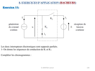 EL MENTALY Lahcen 139
Exercice 11:
Les deux interrupteurs électroniques sont supposés parfaits.
1- On donne les séquences de conduction de K1 et K2.
Compléter les chronogrammes :
 