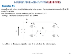 EL MENTALY Lahcen 145
Exercice 14:
L’onduleur suivant est constitué de quatre interrupteurs électroniques commandés (K1 à K4)
supposés parfaits.
E est une source de tension continue parfaite de valeur 200 V.
La charge est une résistance de valeur R = 100 W.
Le tableau ci-dessous indique les états de conduction des interrupteurs.
 