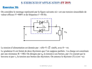 EL MENTALY Lahcen 152
Exercice 16:
On considère le montage représenté par la figure suivante où v est une tension sinusoïdale de
valeur efficace V=400V et de fréquence f =50 Hz.
La tension d’alimentation est donnée par : v(θ)=V 2 sin(θ), avec  = wt.
Le gradateur G est formé de deux thyristors que l’on suppose parfaits : La charge est constituée
par une résistance R =10W. On désigne par uR la tension à ses bornes, par i le courant qui la
traverse et par vT la tension aux bornes des thyristors. On amorce le thyristor (T) à (wt =a)
 