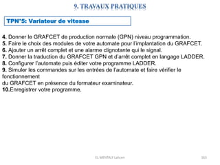 EL MENTALY Lahcen 163
TPN°5: Variateur de vitesse
4. Donner le GRAFCET de production normale (GPN) niveau programmation.
5. Faire le choix des modules de votre automate pour l’implantation du GRAFCET.
6. Ajouter un arrêt complet et une alarme clignotante qui le signal.
7. Donner la traduction du GRAFCET GPN et d’arrêt complet en langage LADDER.
8. Configurer l’automate puis éditer votre programme LADDER.
9. Simuler les commandes sur les entrées de l’automate et faire vérifier le
fonctionnement
du GRAFCET en présence du formateur examinateur.
10.Enregistrer votre programme.
 