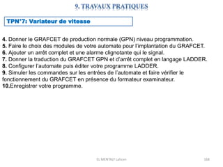 EL MENTALY Lahcen 168
TPN°7: Variateur de vitesse
4. Donner le GRAFCET de production normale (GPN) niveau programmation.
5. Faire le choix des modules de votre automate pour l’implantation du GRAFCET.
6. Ajouter un arrêt complet et une alarme clignotante qui le signal.
7. Donner la traduction du GRAFCET GPN et d’arrêt complet en langage LADDER.
8. Configurer l’automate puis éditer votre programme LADDER.
9. Simuler les commandes sur les entrées de l’automate et faire vérifier le
fonctionnement du GRAFCET en présence du formateur examinateur.
10.Enregistrer votre programme.
 