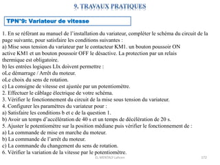 EL MENTALY Lahcen 172
TPN°9: Variateur de vitesse
1. En se référant au manuel de l’installation du variateur, compléter le schéma du circuit de la
page suivante, pour satisfaire les conditions suivantes :
a) Mise sous tension du variateur par le contacteur KM1. un bouton poussoir ON
active KM1 et un bouton poussoir OFF le désactive. La protection par un relais
thermique est obligatoire.
b) les entrées logiques LIx doivent permettre :
oLe démarrage / Arrêt du moteur.
oLe choix du sens de rotation.
c) La consigne de vitesse est ajustée par un potentiomètre.
2. Effectuer le câblage électrique de votre schéma.
3. Vérifier le fonctionnement du circuit de la mise sous tension du variateur.
4. Configurer les paramètres du variateur pour :
a) Satisfaire les conditions b et c de la question 1.
b) Avoir un temps d’accélération de 40 s et un temps de décélération de 20 s.
5. Ajuster le potentiomètre sur la position médiane puis vérifier le fonctionnement de :
a) La commande de mise en marche du moteur.
b) La commande de l’arrêt du moteur.
c) La commande du changement du sens de rotation.
6. Vérifier la variation de la vitesse par le potentiomètre.
 