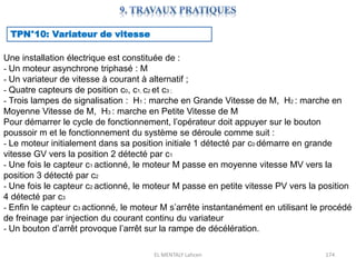 EL MENTALY Lahcen 174
TPN°10: Variateur de vitesse
Une installation électrique est constituée de :
- Un moteur asynchrone triphasé : M
- Un variateur de vitesse à courant à alternatif ;
- Quatre capteurs de position c0, c1, c2 et c3 ;
- Trois lampes de signalisation : H1 : marche en Grande Vitesse de M, H2 : marche en
Moyenne Vitesse de M, H3 : marche en Petite Vitesse de M
Pour démarrer le cycle de fonctionnement, l’opérateur doit appuyer sur le bouton
poussoir m et le fonctionnement du système se déroule comme suit :
- Le moteur initialement dans sa position initiale 1 détecté par c0 démarre en grande
vitesse GV vers la position 2 détecté par c1
- Une fois le capteur c1 actionné, le moteur M passe en moyenne vitesse MV vers la
position 3 détecté par c2
- Une fois le capteur c2 actionné, le moteur M passe en petite vitesse PV vers la position
4 détecté par c3
- Enfin le capteur c3 actionné, le moteur M s’arrête instantanément en utilisant le procédé
de freinage par injection du courant continu du variateur
- Un bouton d’arrêt provoque l’arrêt sur la rampe de décélération.
 