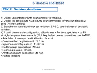 EL MENTALY Lahcen 177
TPN°11: Variateur de vitesse
1) Utiliser un contacteur KM1 pour alimenter le variateur.
2) Utiliser les contacteurs KM2 et KM3 pour commander le variateur dans les 2
sens (Avant et arrière)
3) Brancher un voyant lumineux sur le contact SA-SC, pour indiquer un défaut du
variateur.
4) A partir du menu de configuration, sélectionnez « Fontions spéciales » ou F4
et régler les paramètres suivants ( Voir l’équivalent de ces paramètres pour l’ATV12) :
• Adaptation à la rampe de décélération : bra oui
• Compensation de glissement : SLP oui
• Injection automatique de cc : F < 0.1hz
• Redémarrage automatique :Atr oui
• Reprise à la volée : Flr non
• Arrêt sur coupure de réseau : Stp non
• Rampe : linéaire
 