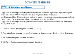 EL MENTALY Lahcen 185
TPN°16: Variateur de vitesse
L’appui sur le bouton poussoir S1 permet de démarrer un moteur asynchrone triphasé à cage (4
pôles) à la vitesse 600tr/min via un démarrage progressif d’une durée de 5s.
Les détecteurs d1 ou d2 permettent au moteur de tourner à sa vitesse maximale pour une durée de
20 min. Après l’achèvement de celle-ci le moteur s’arrête en roue libre.
L’appui sur le bouton poussoir S2 permet au moteur de s’arrêter instantanément par un freinage
par injection du cc.
1. Tracer le schéma de câblage du variateur (ATV 12)
2. Paramétrer le variateur de vitesse afin d’assurer le fonctionnement décrit au cahier de charges
3. Réaliser le câblage du variateur de vitesse
4. Vérifier le fonctionnement en présence du formateur
 
